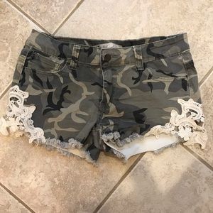 Camo denim shorts